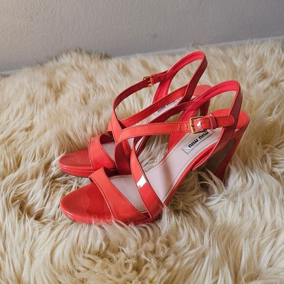 Miu Miu Shoes - Miu Miu Orange Patent Leather Strappy Heels Size 39